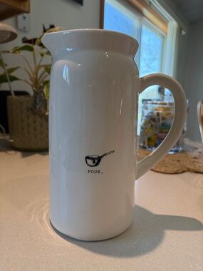 Rae Dunn White Ceramic Pitcher with Black Ladle Graphic